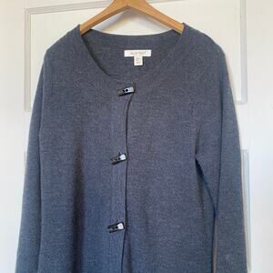 Ellen Tracy Long Duster Merino Sweater Gray Toggle Buttons Button Up Pockets